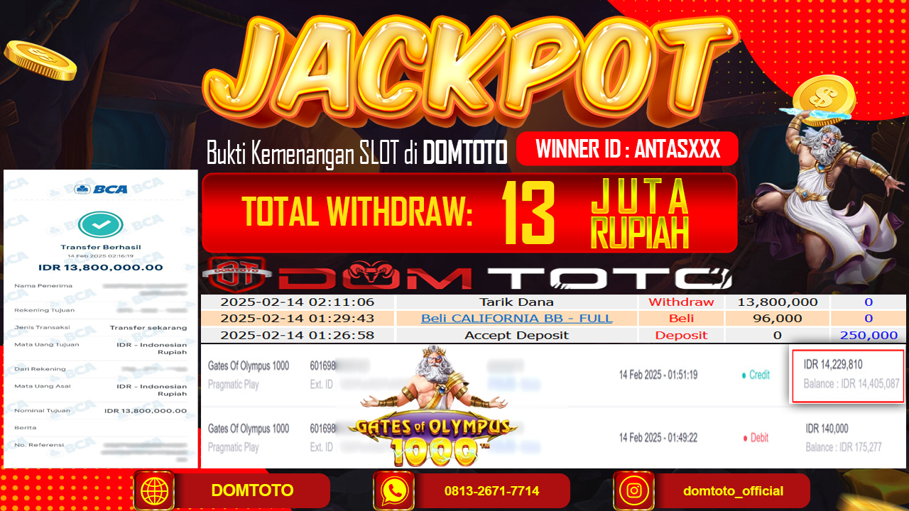 JACKPOT SLOT GATE OF OLYMPUS 1000 14 FEBRUARI 2025